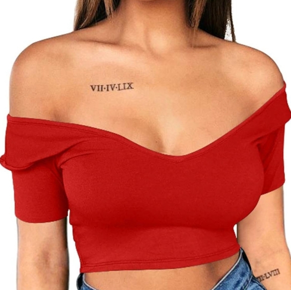 ZILEZILE Women Sexy Off Shoulder V-Neck Short Sleeves Red Crop Top Size Medium - Picture 7 of 8